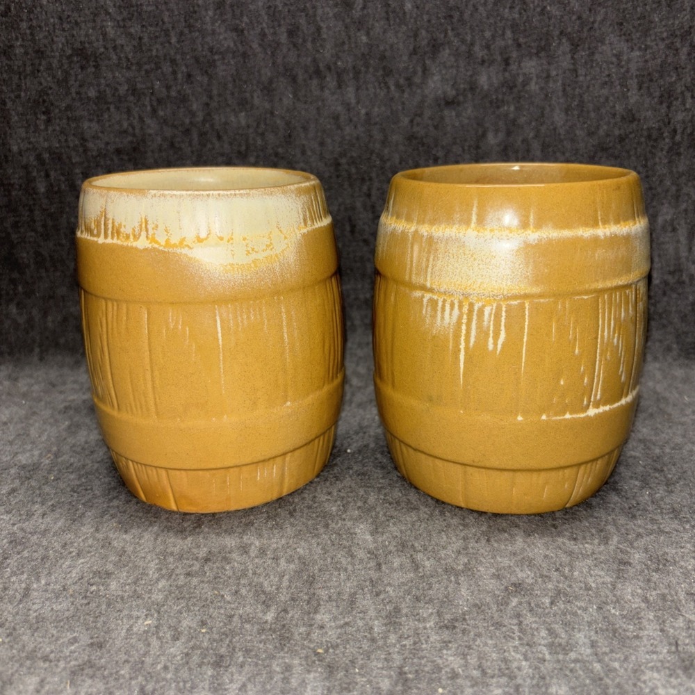 2‎ Vtg Frankoma Pottery Barrel Mug Brown 97M Large Coffee Tea Hot Chocolate 20oz